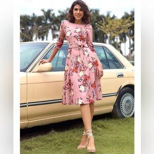 Dress Tells Women's 3/4 Sleeve A-Line Blush Floral Vintage Inspired Dress Sz. XS